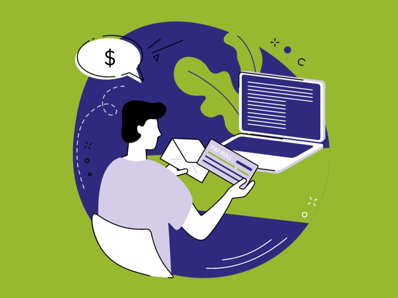 Person at computer with paycheque